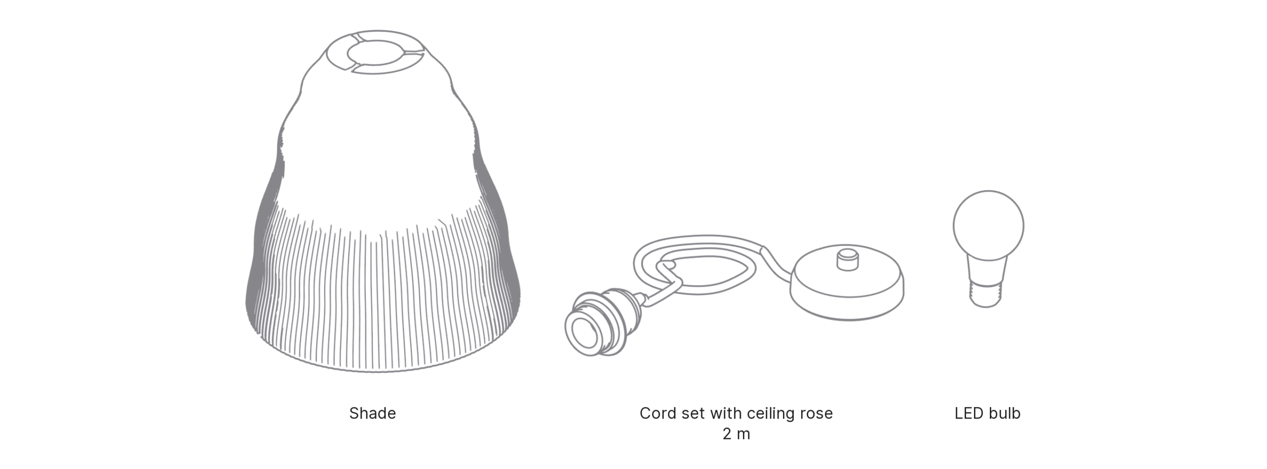 What's in the box with Pleat, Large: shade, cord set with ceiling rose and LED bulb.