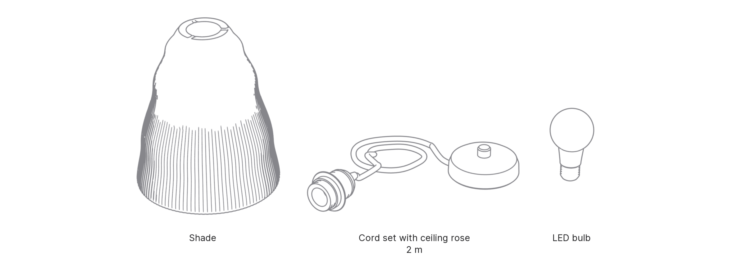 What's in the box with Pleat, Medium: shade, cord set with ceiling rose and LED bulb.