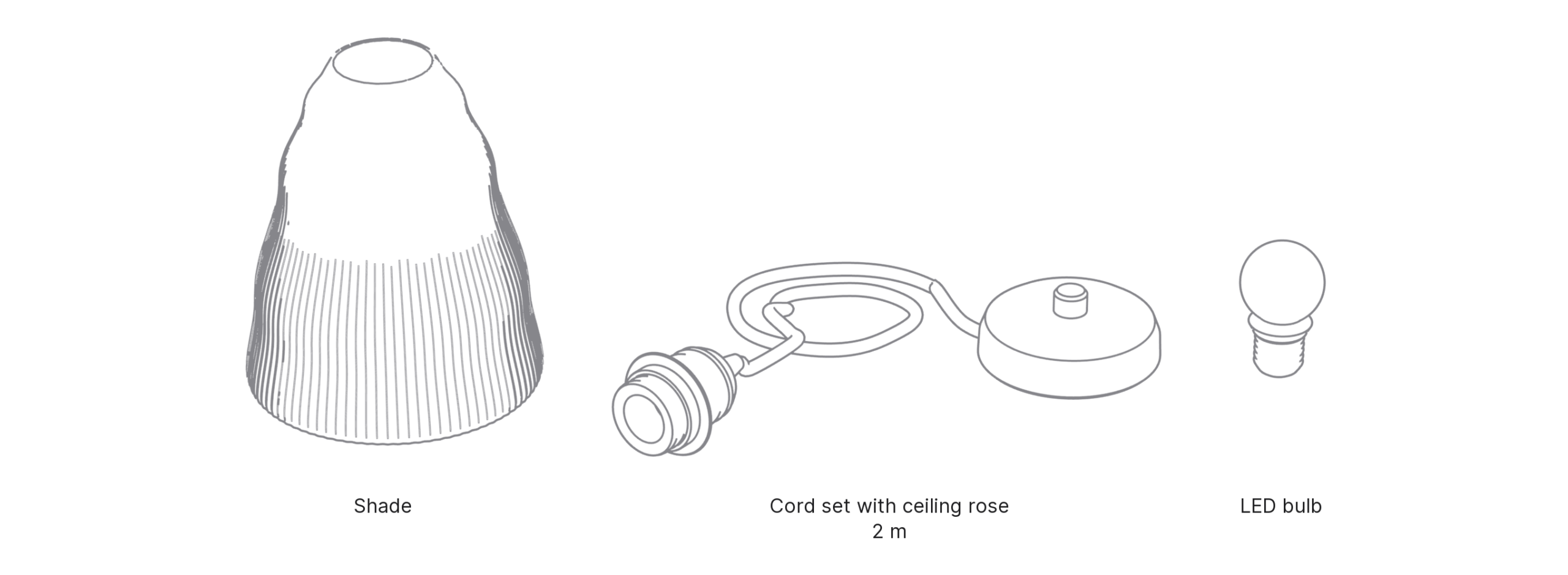 What's in the box with Pleat, Small: shade, cord set with ceiling rose and LED bulb.