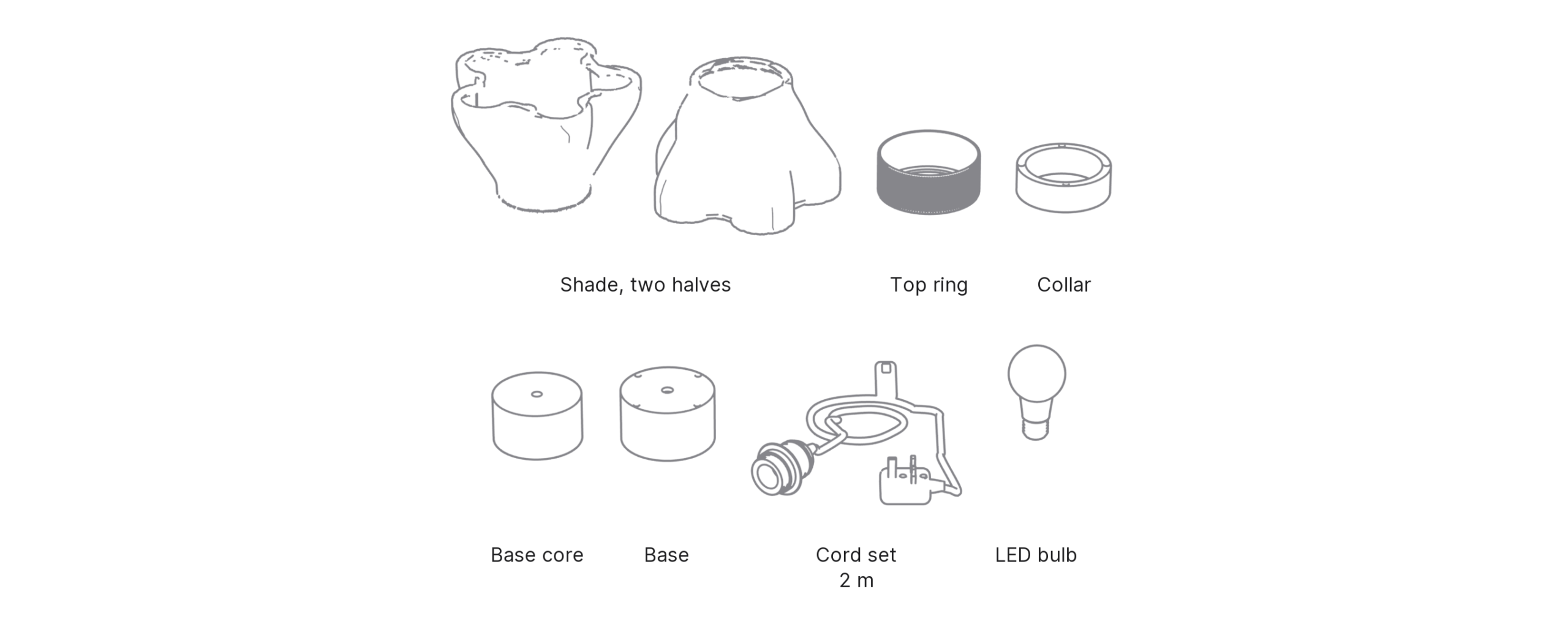 What's in the box with Lobe, Large: shade, two halves ×2, top ring, collar, base core, base, cord set and LED bulb.