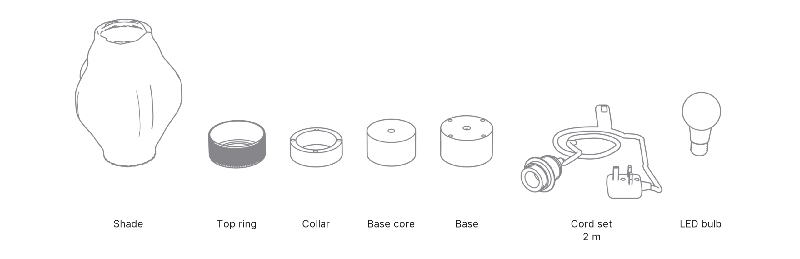 What's in the box with Lobe, Medium: shade, top ring, collar, base core, base, cord set and LED bulb.