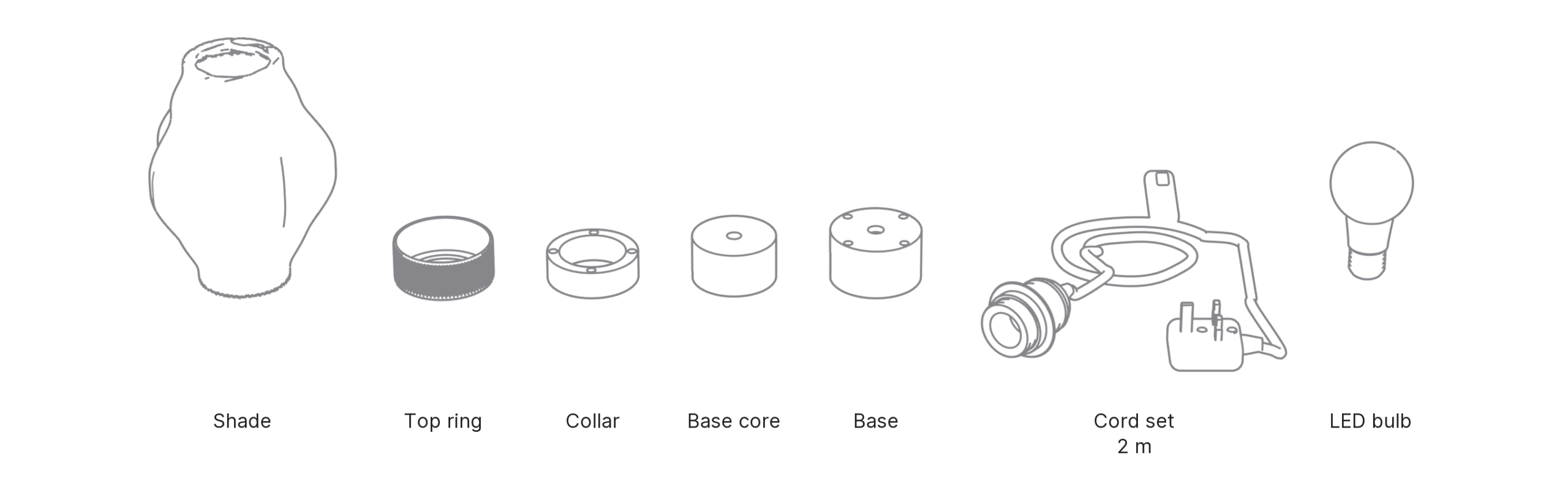 What's in the box with Lobe, Small: shade, top ring, collar, base core, base, cord set and LED bulb.
