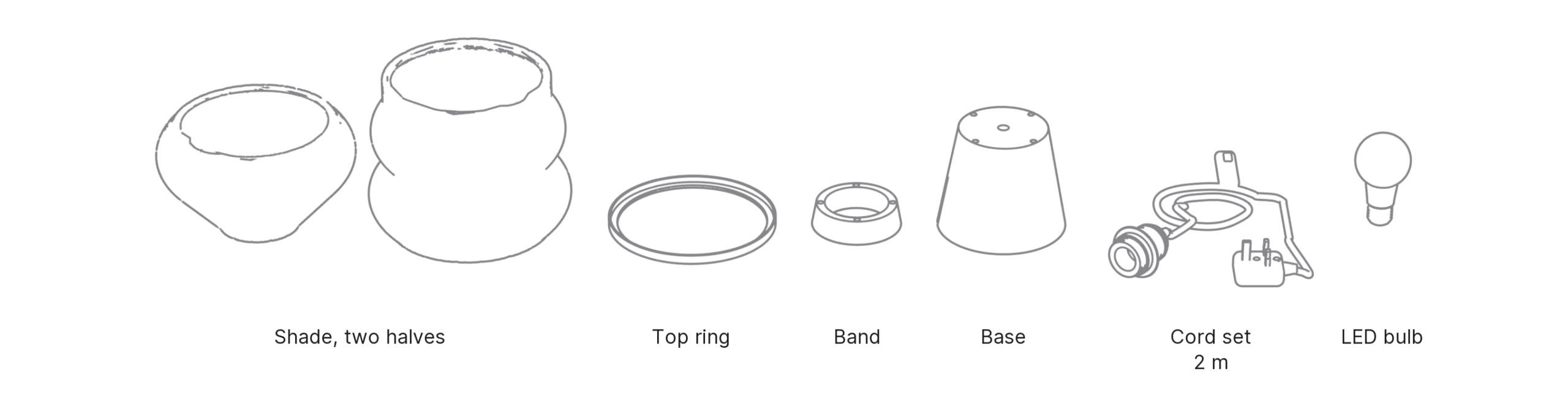 What's in the box with Rings, Large: shade, two halves ×2, top ring, band, base, cord set and LED bulb.