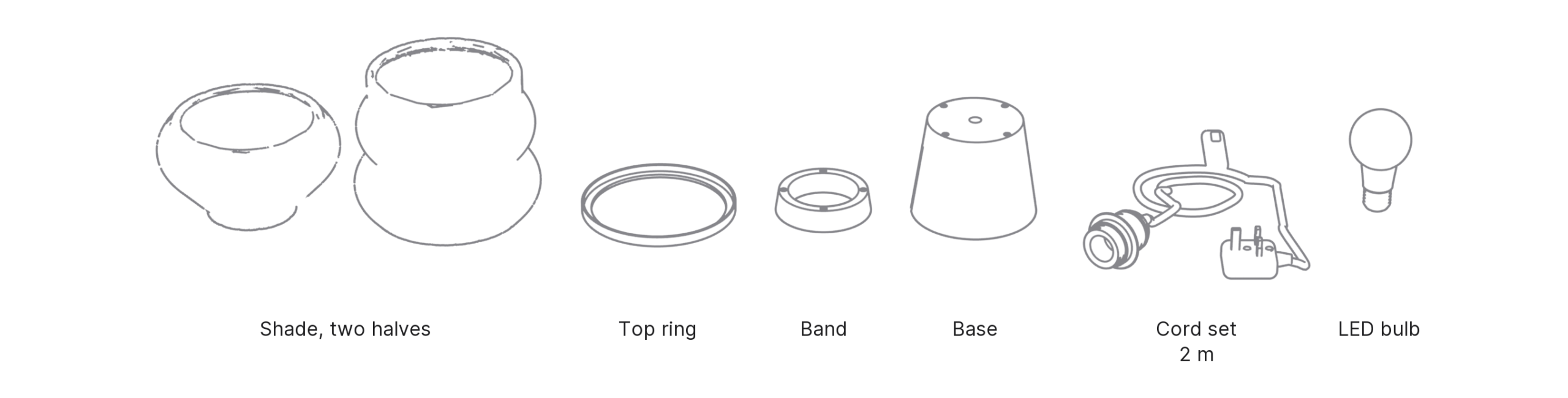 What's in the box with Rings, Medium: shade, two halves ×2, top ring, band, base, cord set and LED bulb.