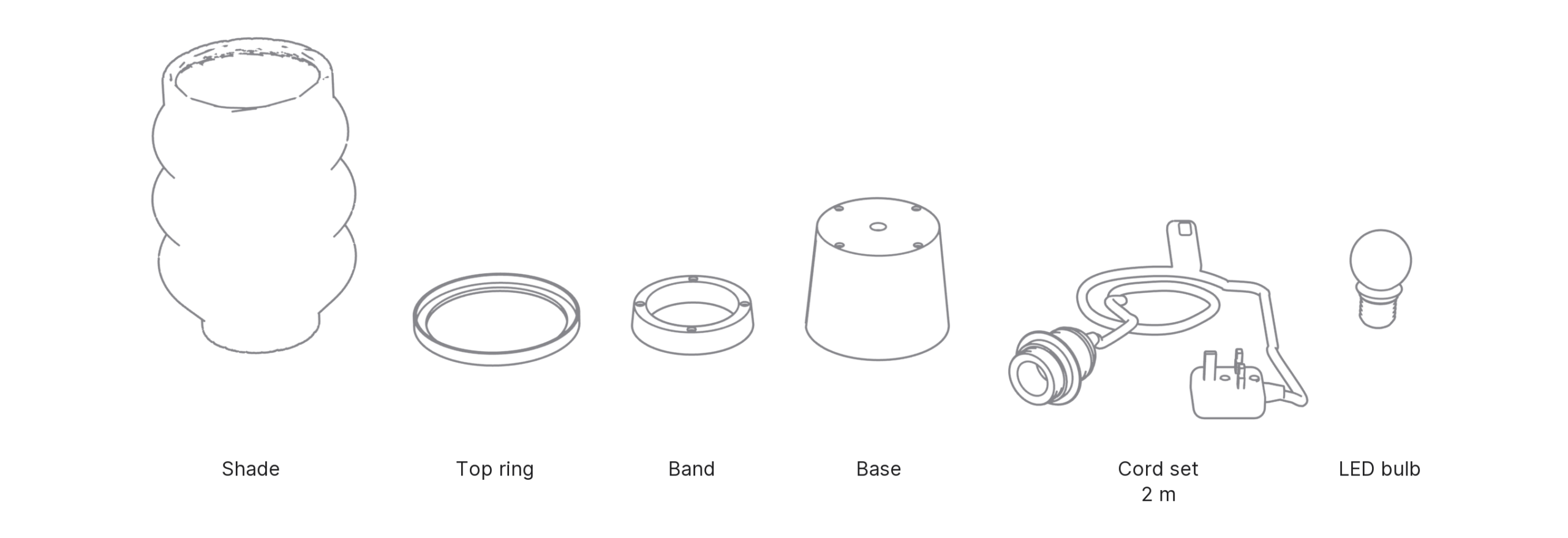 What's in the box with Rings, Small: shade, top ring, band, base, cord set and LED bulb.