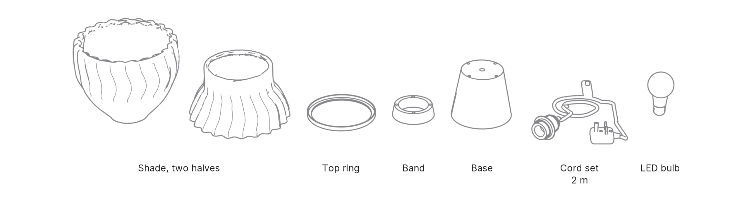 What's in the box with Ripple, Large: shade, two halves ×2, top ring, band, base, cord set and LED bulb.
