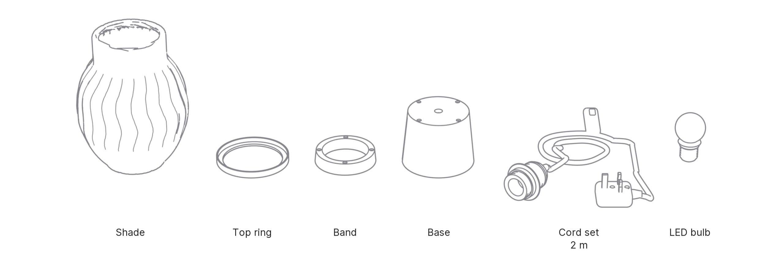 What's in the box with Ripple, Small: shade, top ring, band, base, cord set and LED bulb.