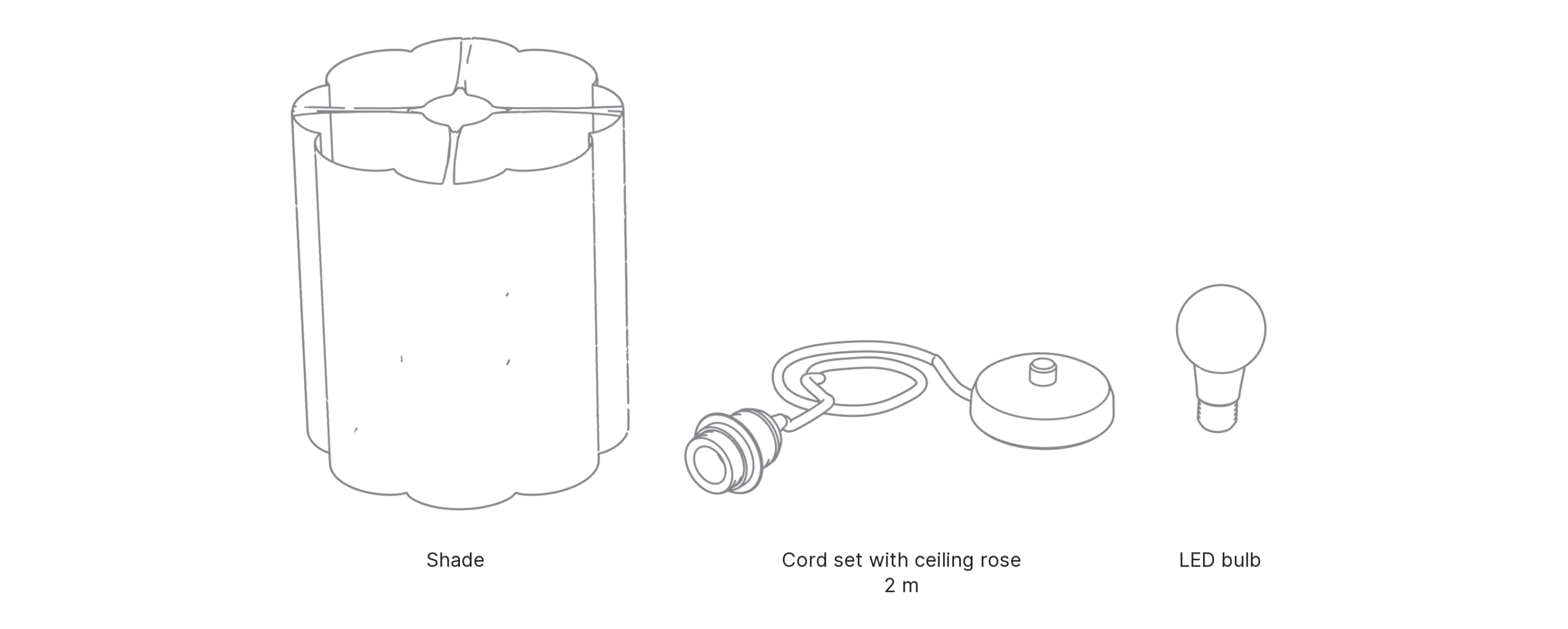 What's in the box with Scallop, Large: shade, cord set with ceiling rose and LED bulb.