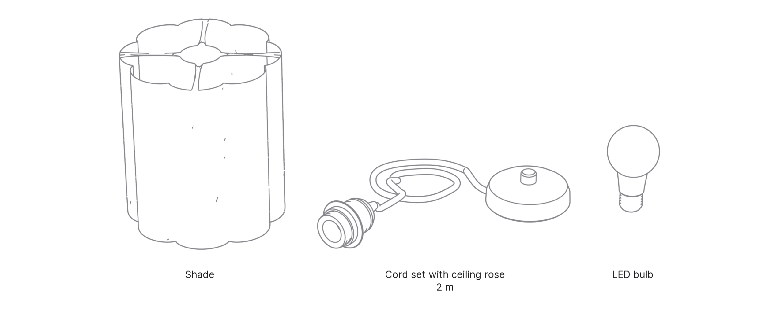 What's in the box with Scallop, Medium: shade, cord set with ceiling rose and LED bulb.