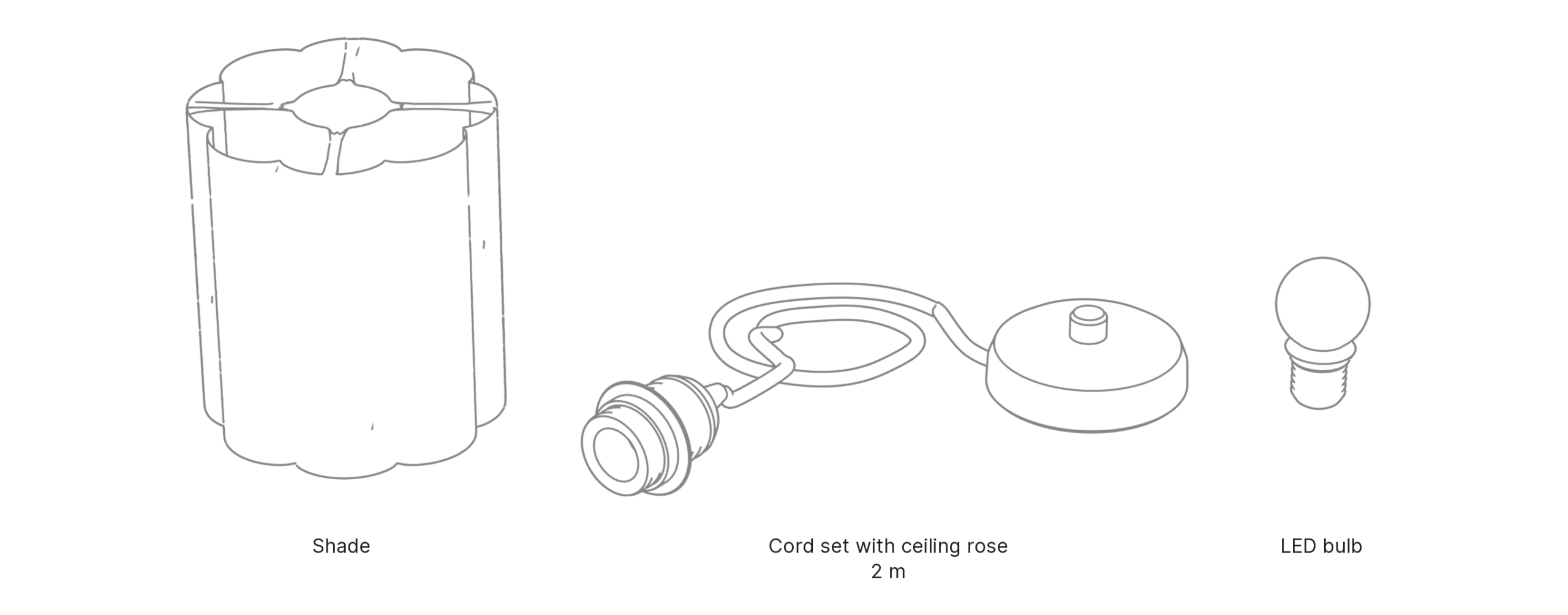 What's in the box with Scallop, Small: shade, cord set with ceiling rose and LED bulb.
