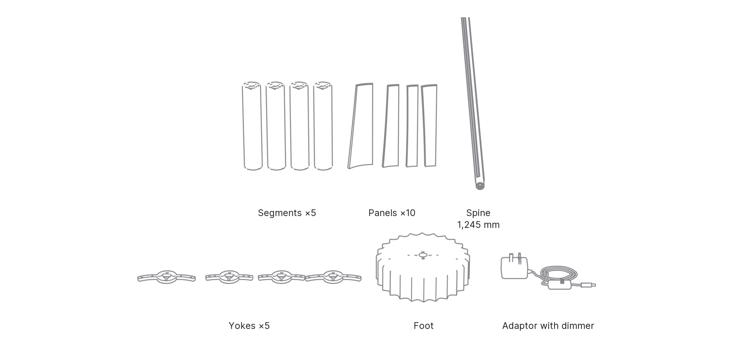 What's in the box with Slot: segments ×5, panels ×10, yokes ×5, foot, spine 1,245 mm and adaptor with dimmer.