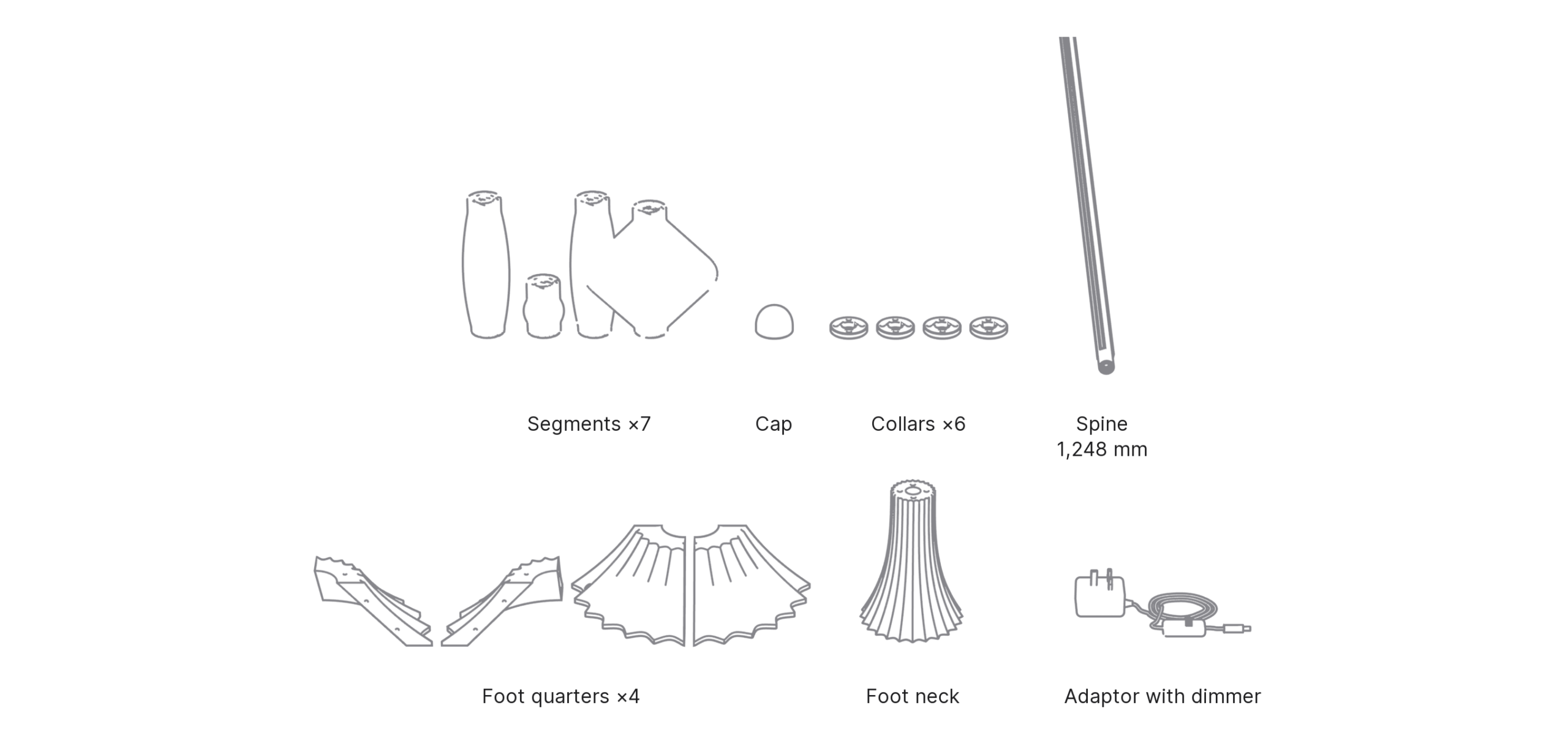 What's in the box with Spindle: segments ×7, cap, collars ×6, foot quarters ×4, foot neck, spine 1,248 mm and adaptor with dimmer.