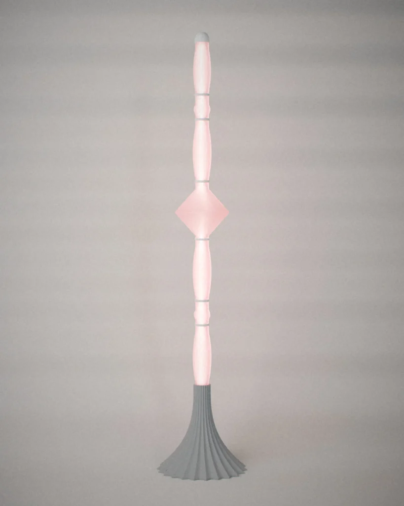 Spindle, lit, on a pale grey wall