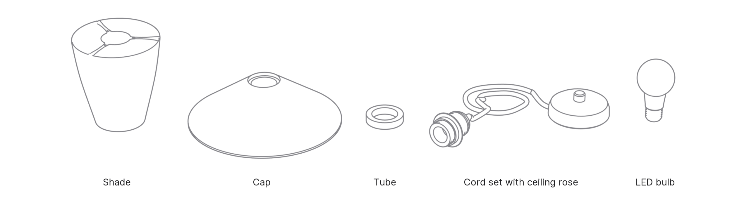 What's in the box with Spinner, Large: shade, cap, tube, cord set with ceiling rose and LED bulb.