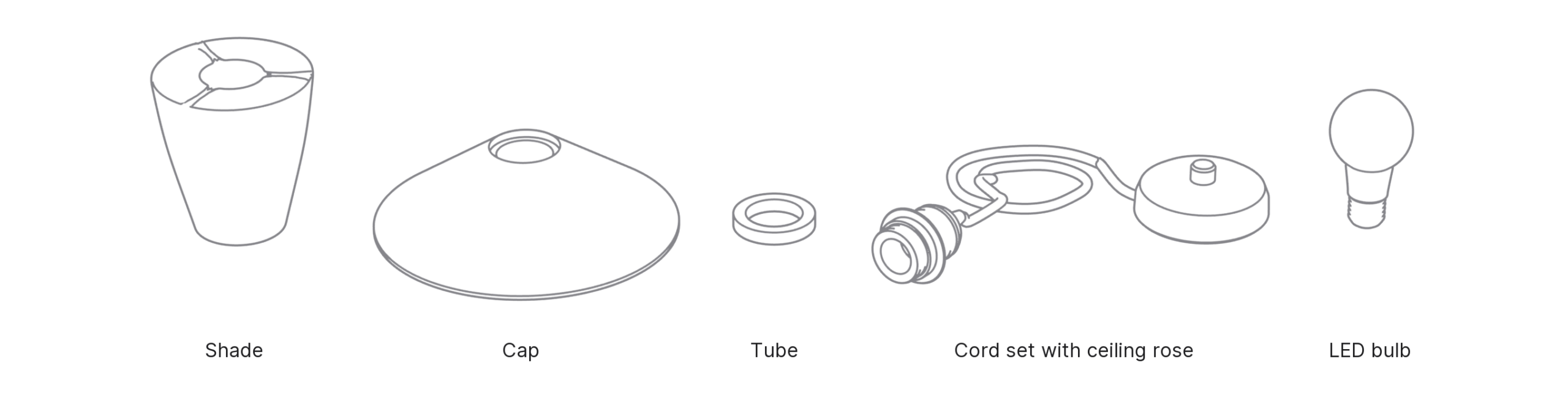 What's in the box with Spinner, Medium: shade, cap, tube, cord set with ceiling rose and LED bulb.