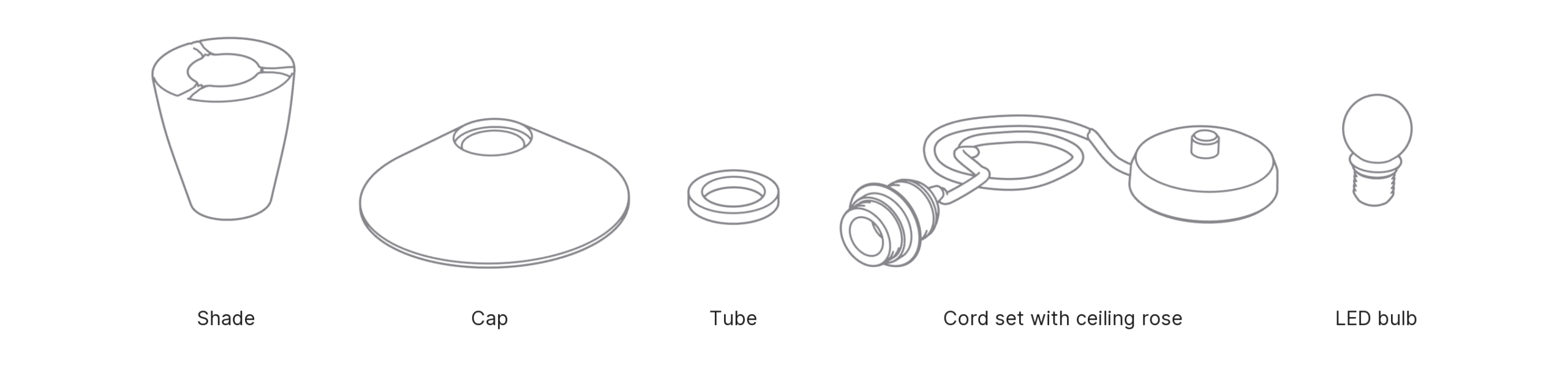 What's in the box with Spinner, Small: shade, cap, tube, cord set with ceiling rose and LED bulb.