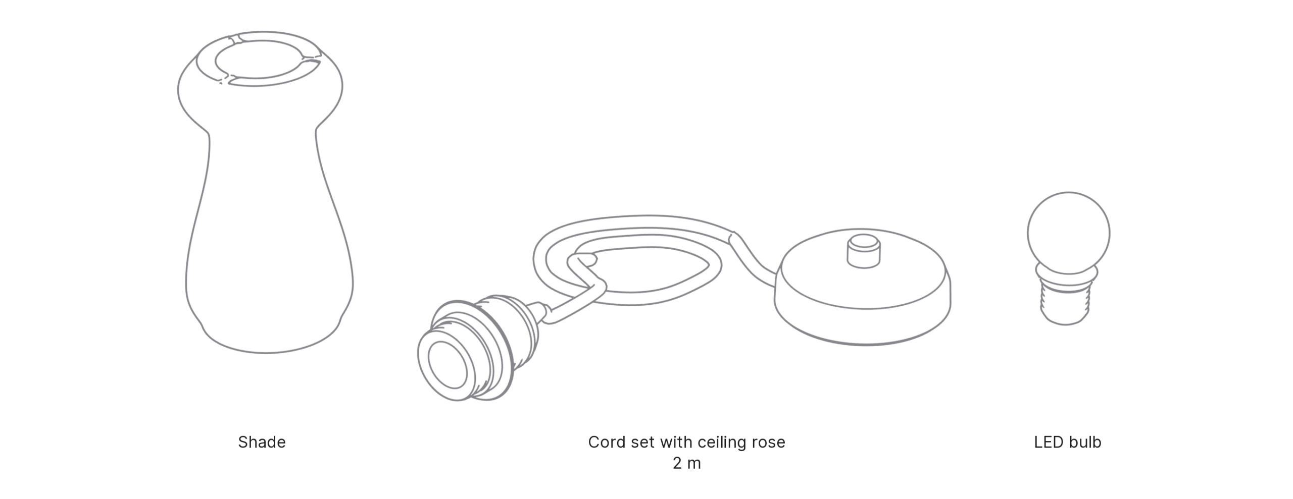 What's in the box with Spool, Small: shade, cord set with ceiling rose and LED bulb.