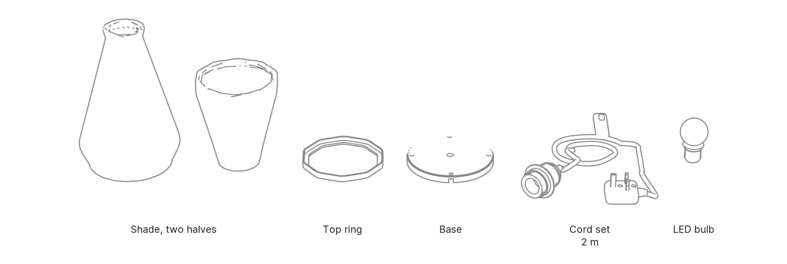 What's in the box with Taper, Large: shade, two halves ×2, top ring, base, cord set and LED bulb.