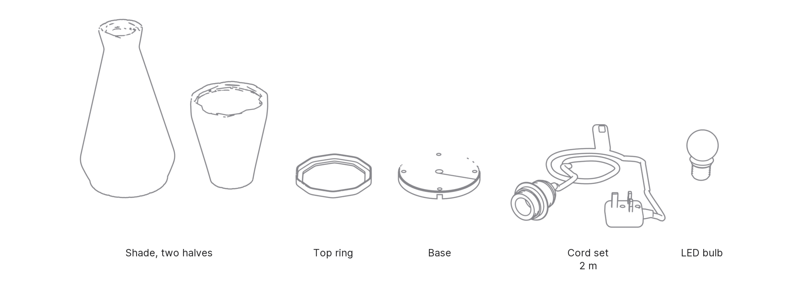 What's in the box with Taper, Medium: shade, two halves ×2, top ring, base, cord set and LED bulb.