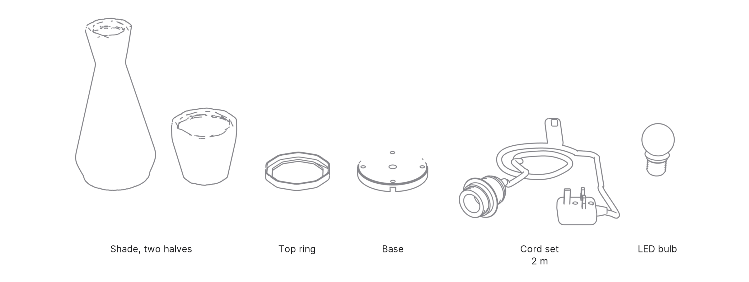What's in the box with Taper, Small: shade, two halves ×2, top ring, base, cord set and LED bulb.