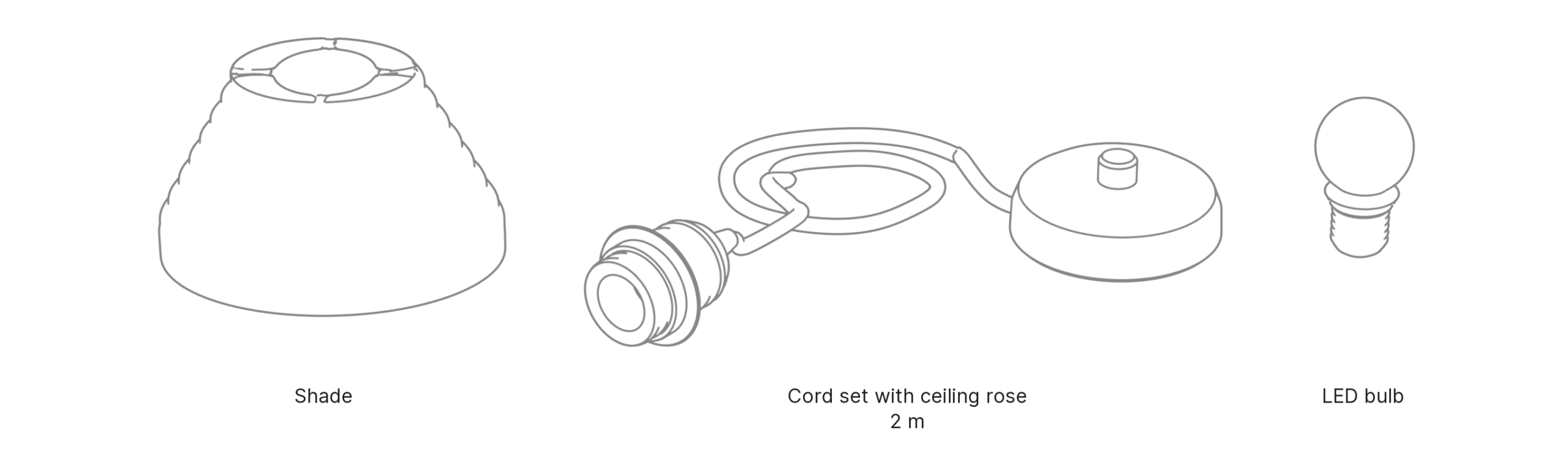 What's in the box with Terrace, Small: shade, cord set with ceiling rose and LED bulb.