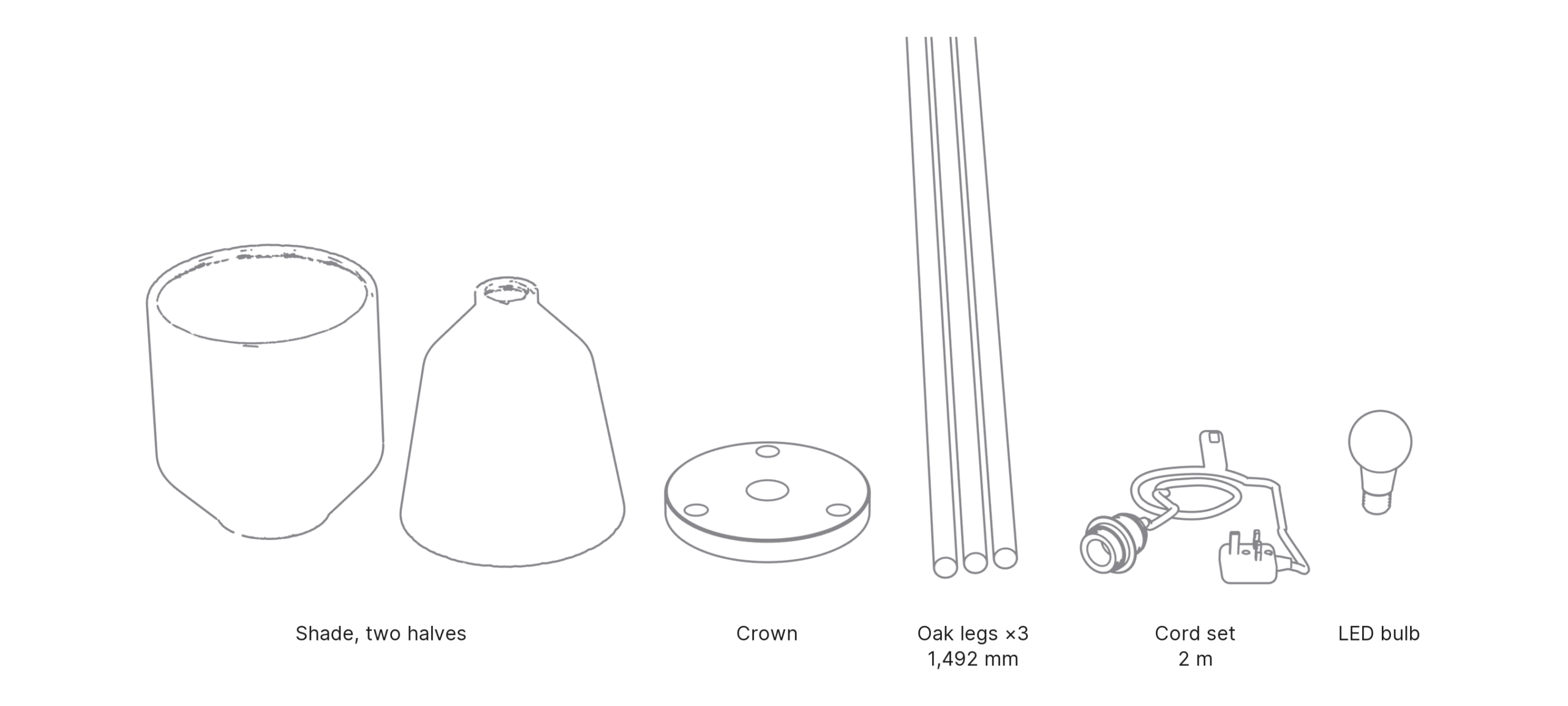 What's in the box with Tripod: shade, two halves ×2, crown, oak legs ×3 1,492 mm, cord set and LED bulb.