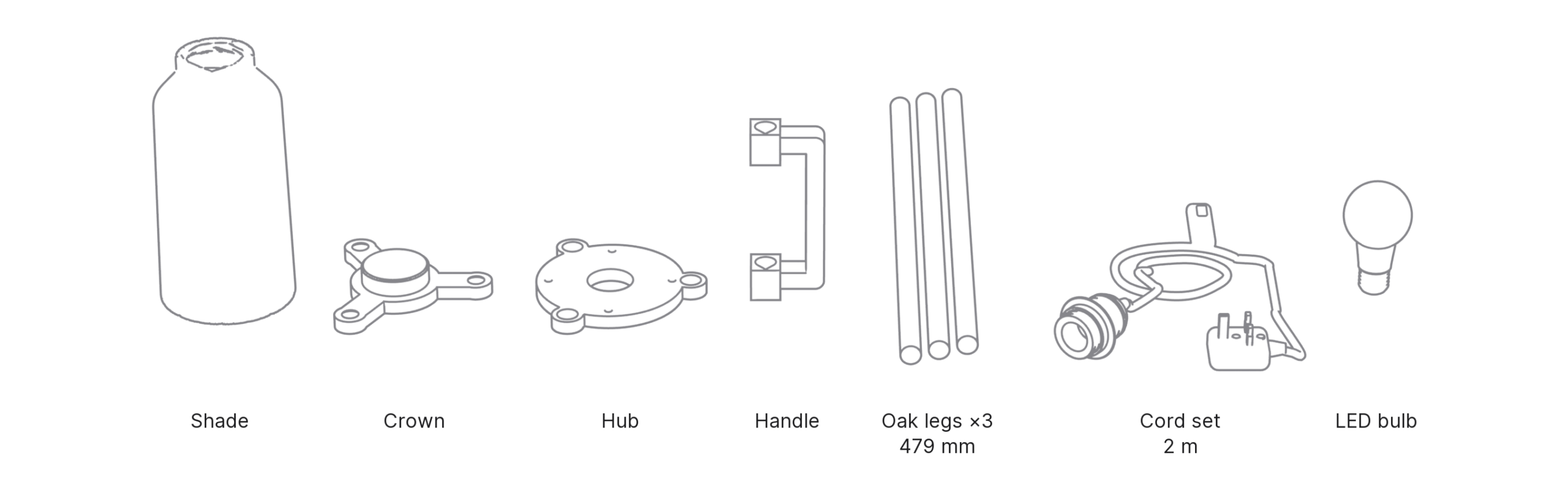 What's in the box with Tripod Table: shade, crown, hub, handle, oak legs ×3 479 mm, cord set and LED bulb.