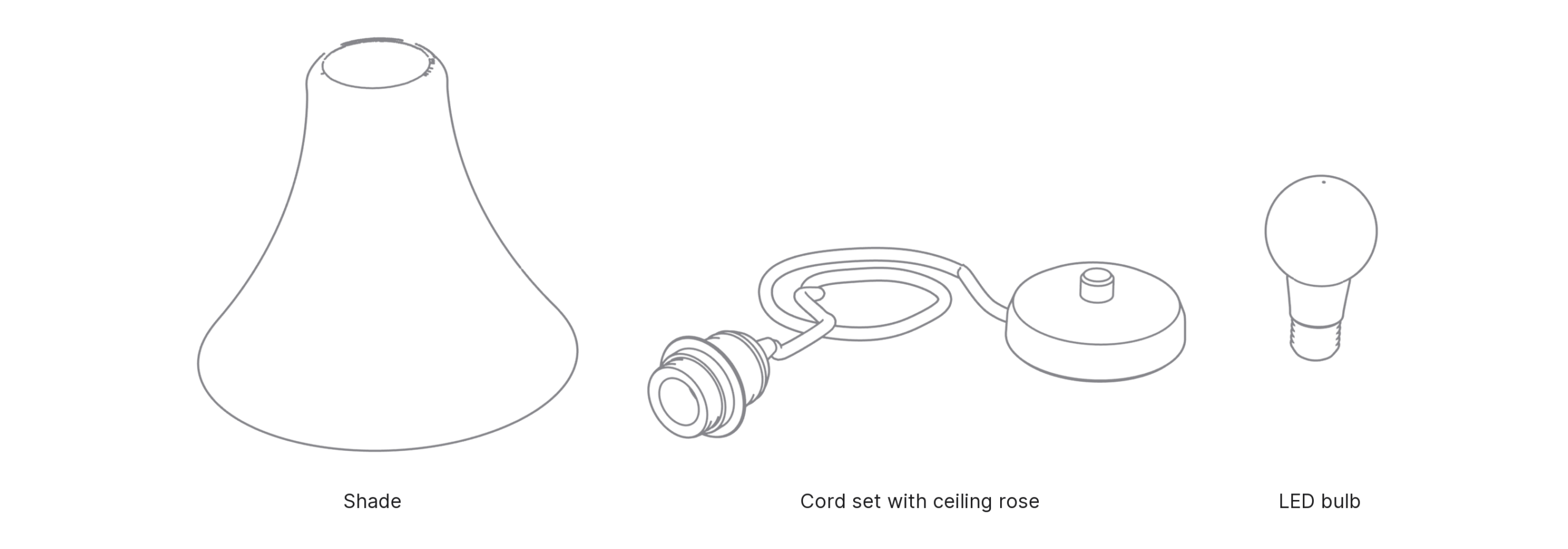 What's in the box with Trumpet, Large: shade, cord set with ceiling rose and LED bulb.