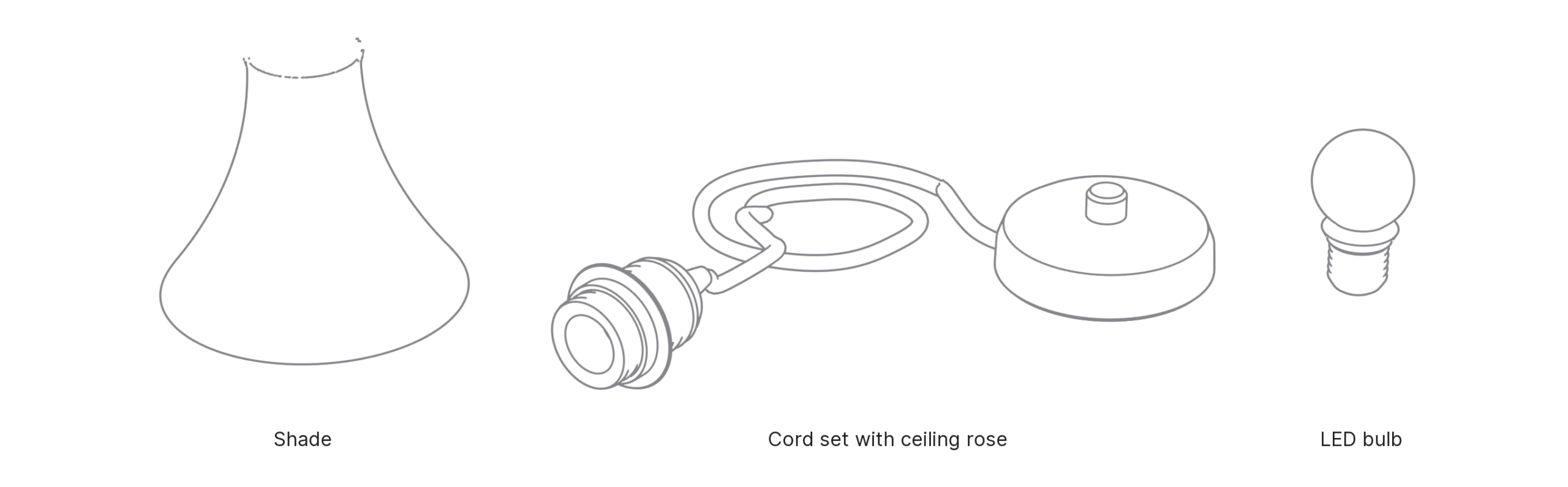What's in the box with Trumpet, Small: shade, cord set with ceiling rose and LED bulb.