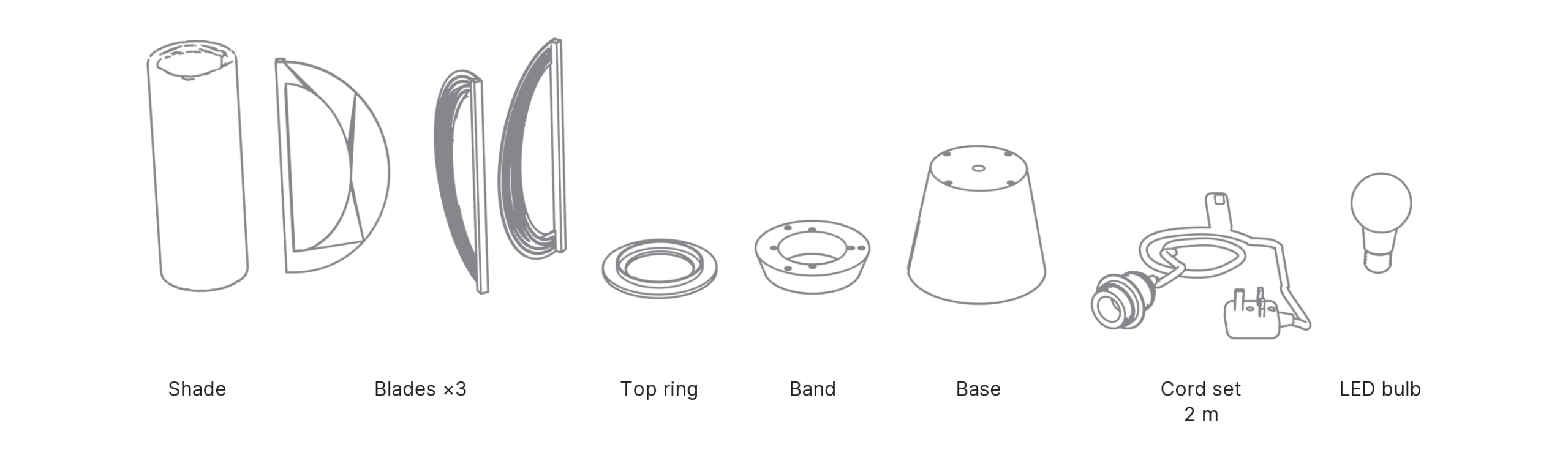What's in the box with Tsuki, Large: shade, blades ×3, top ring, band, base, cord set and LED bulb.