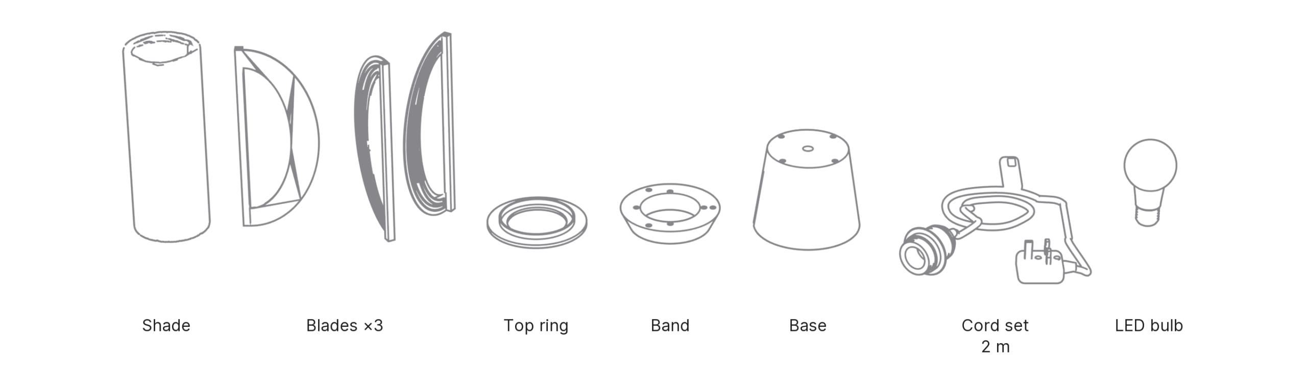 What's in the box with Tsuki, Medium: shade, blades ×3, top ring, band, base, cord set and LED bulb.