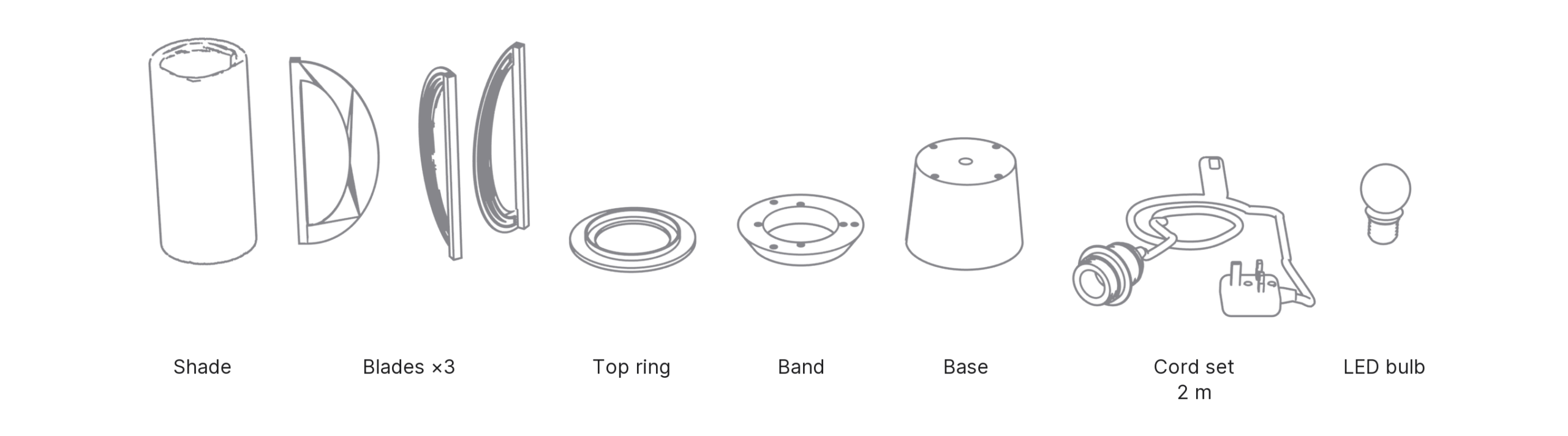 What's in the box with Tsuki, Small: shade, blades ×3, top ring, band, base, cord set and LED bulb.