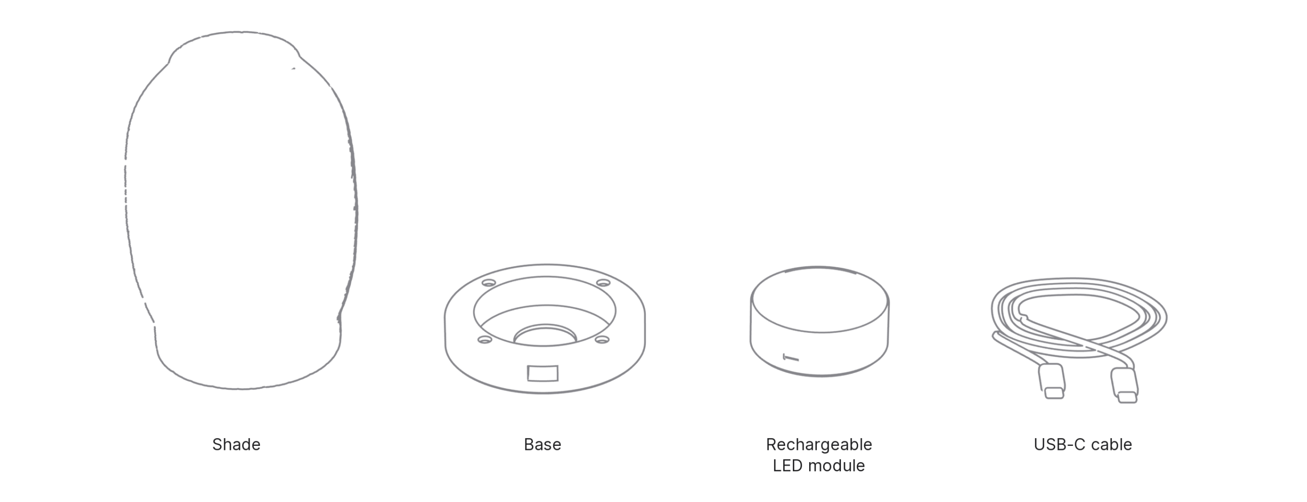 What's in the box with Tsumugi: shade, base, rechargeable LED module and uSB-C cable.