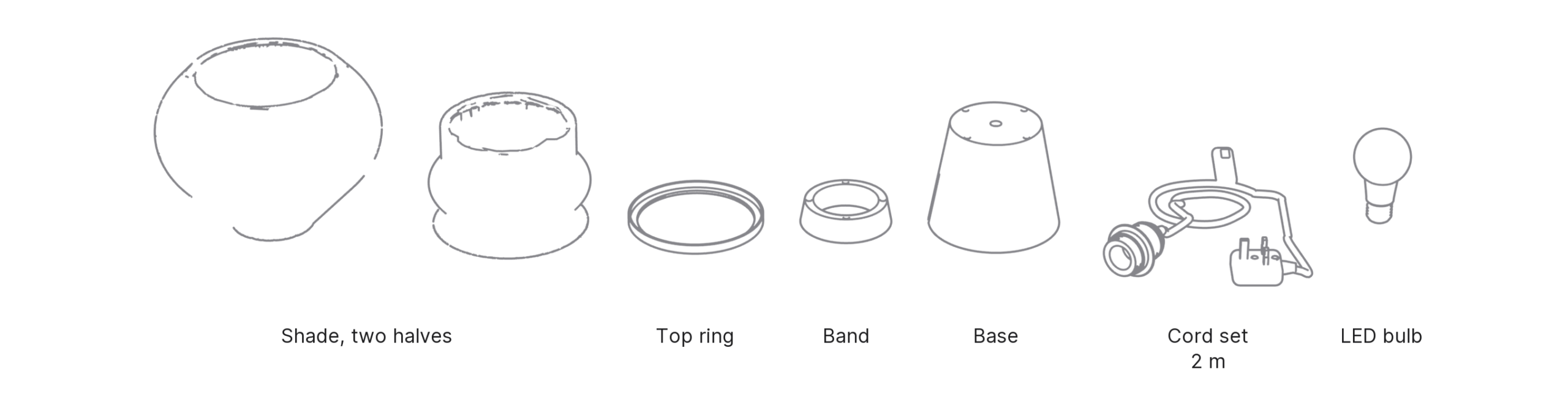 What's in the box with Twin, Large: shade, two halves ×2, top ring, band, base, cord set and LED bulb.