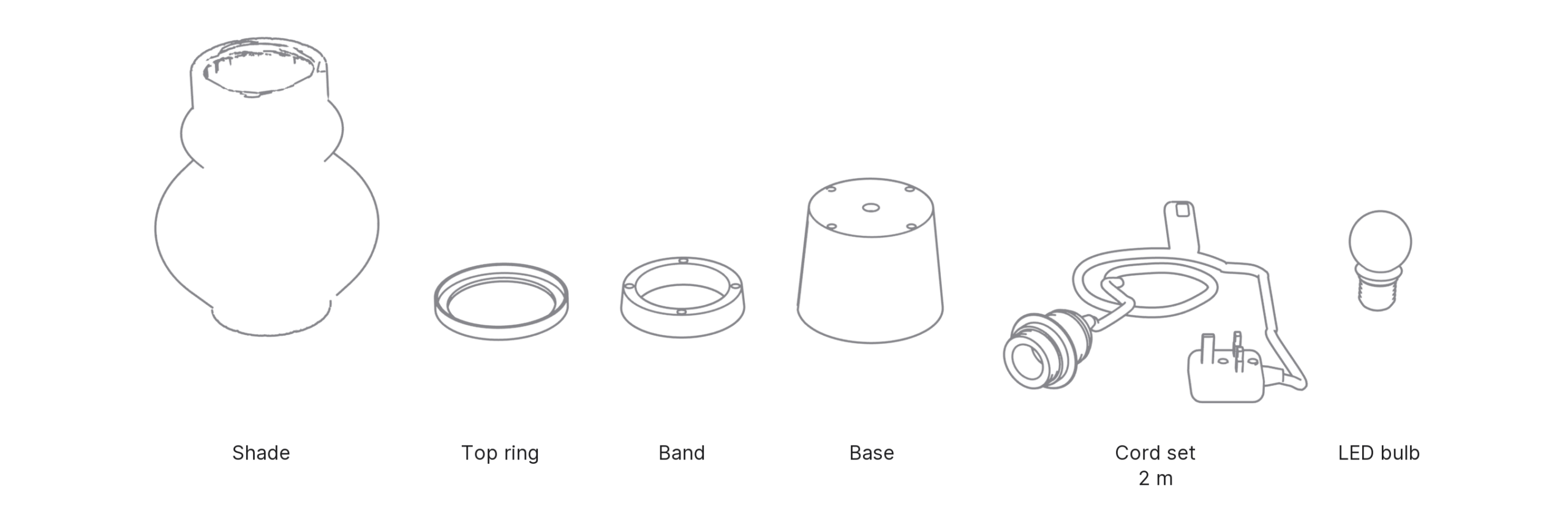 What's in the box with Twin, Small: shade, top ring, band, base, cord set and LED bulb.
