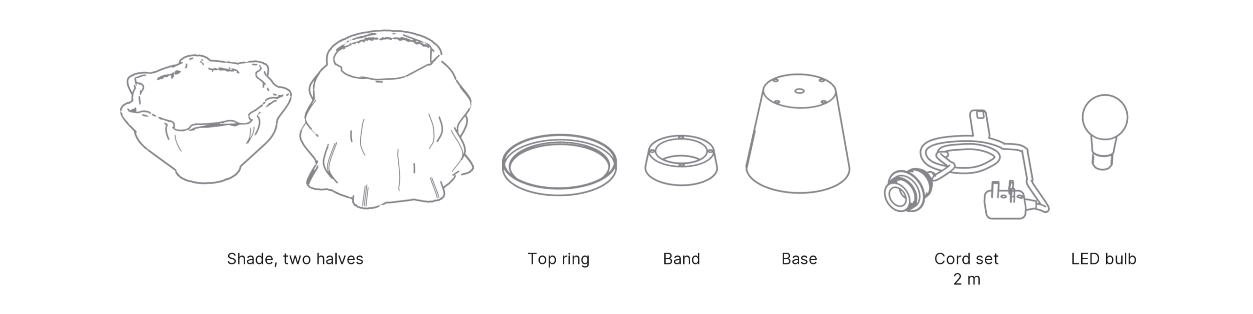 What's in the box with Uroko, Large: shade, two halves ×2, top ring, band, base, cord set and LED bulb.