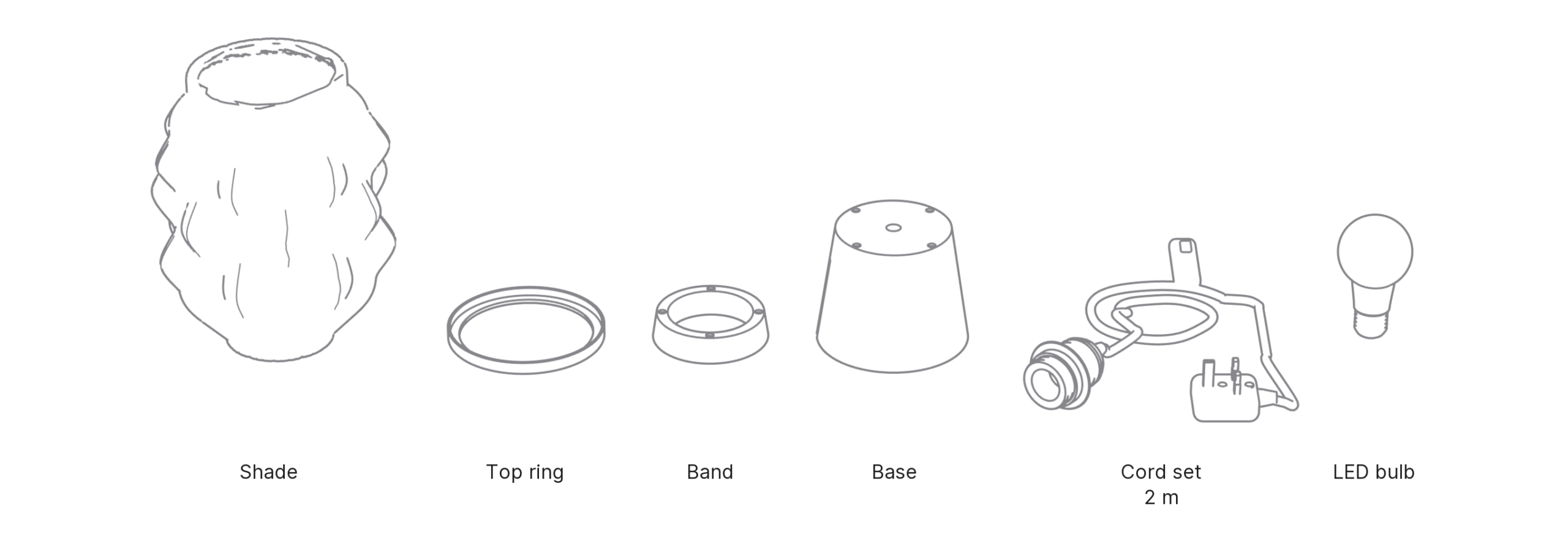 What's in the box with Uroko, Medium: shade, top ring, band, base, cord set and LED bulb.
