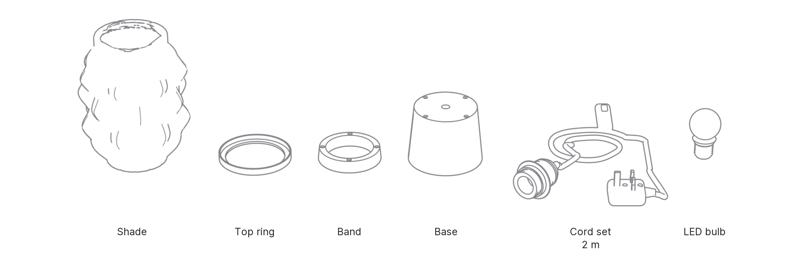 What's in the box with Uroko, Small: shade, top ring, band, base, cord set and LED bulb.