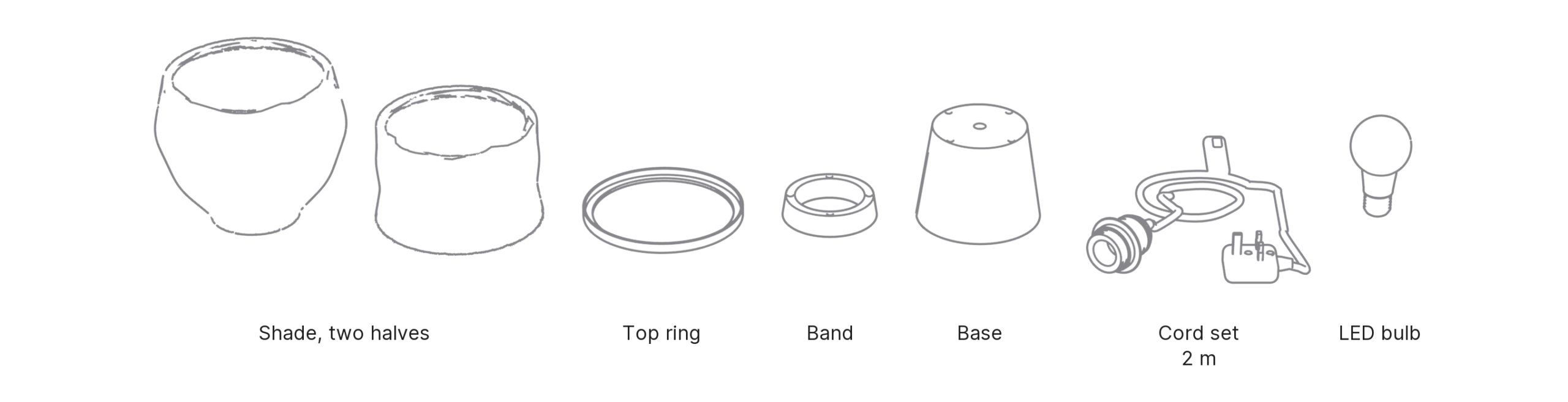 What's in the box with Vase, Medium: shade, two halves ×2, top ring, band, base, cord set and LED bulb.