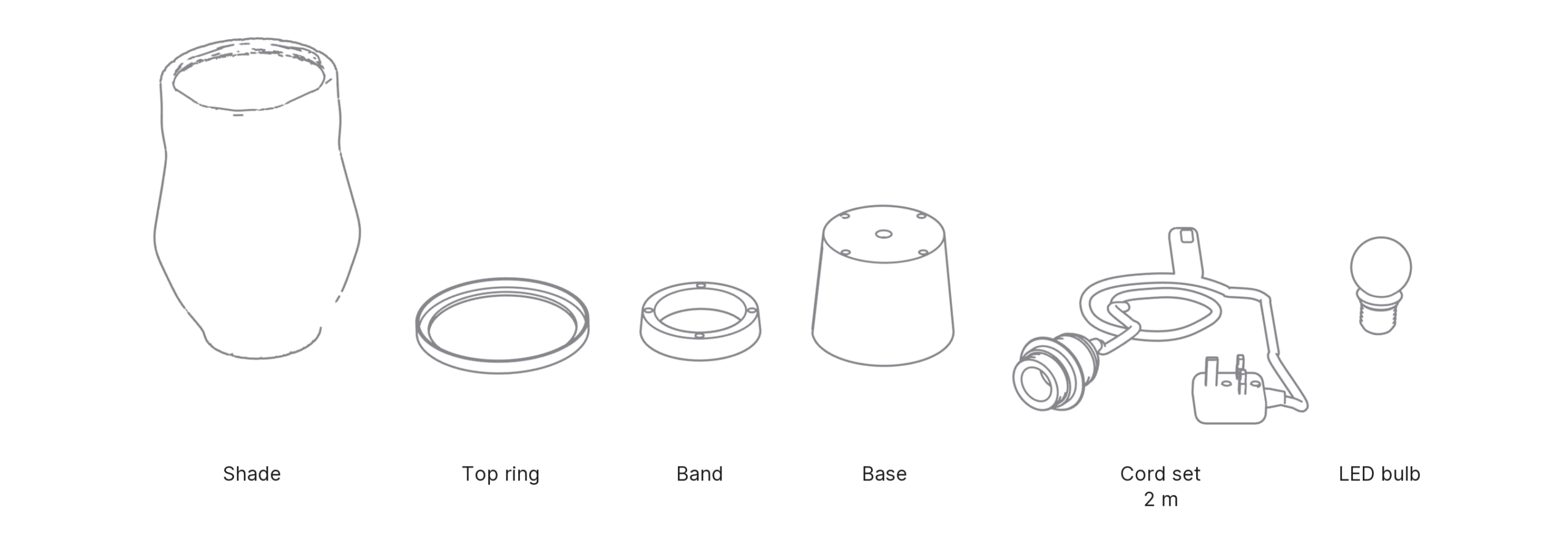 What's in the box with Vase, Small: shade, top ring, band, base, cord set and LED bulb.