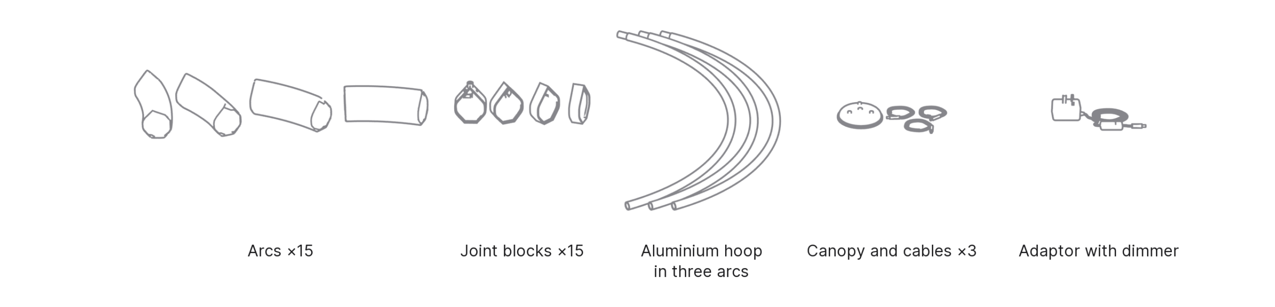 What's in the box with Wa, 1.2 m: arcs ×15, joint blocks ×15, aluminium hoop in three arcs, canopy and cables ×3 and adaptor with dimmer.