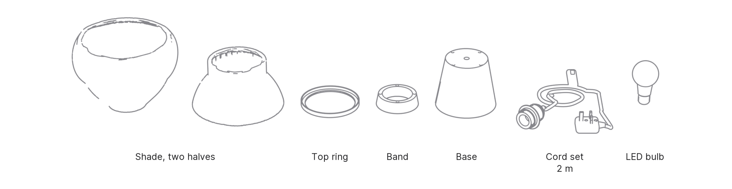 What's in the box with Wave, Large: shade, two halves ×2, top ring, band, base, cord set and LED bulb.
