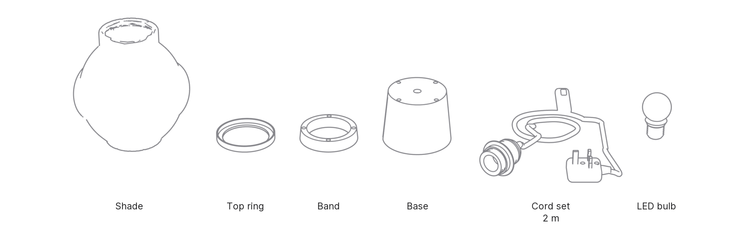 What's in the box with Wave, Small: shade, top ring, band, base, cord set and LED bulb.
