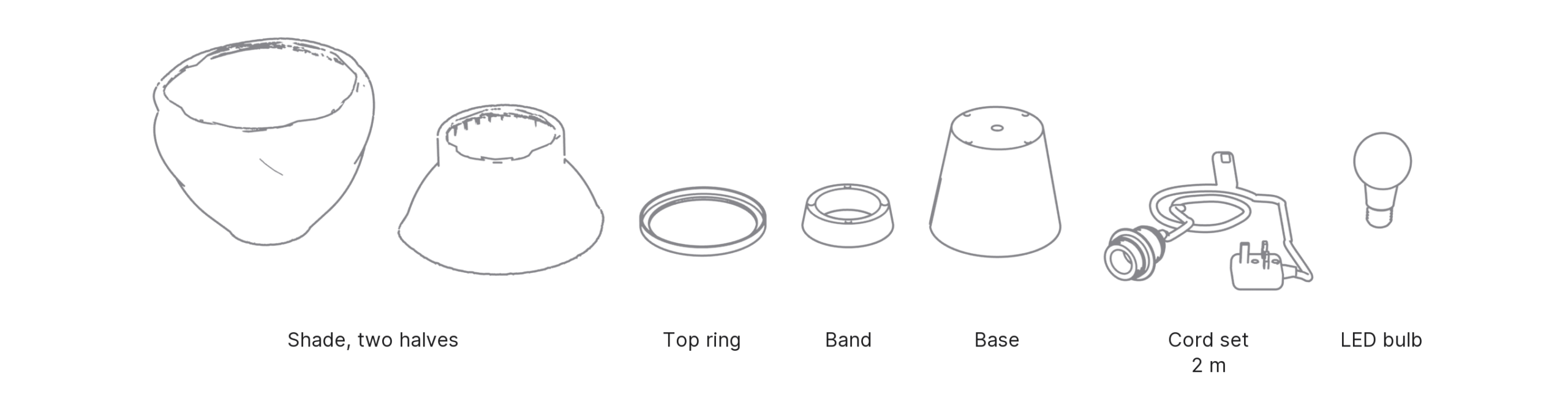 What's in the box with Worms, Large: shade, two halves ×2, top ring, band, base, cord set and LED bulb.